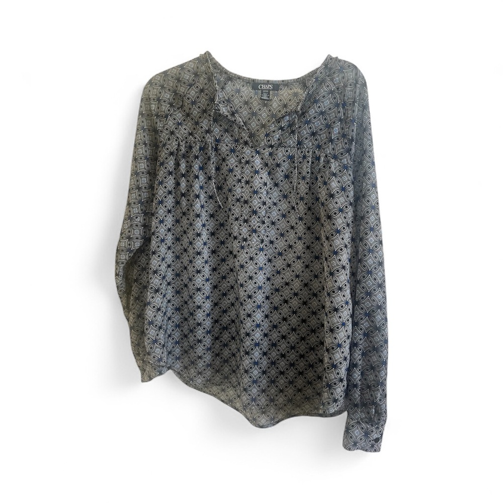 Chaps Womens Grey Blue Geometric Medallion Print‎ Sheer Peasant Blouse Small